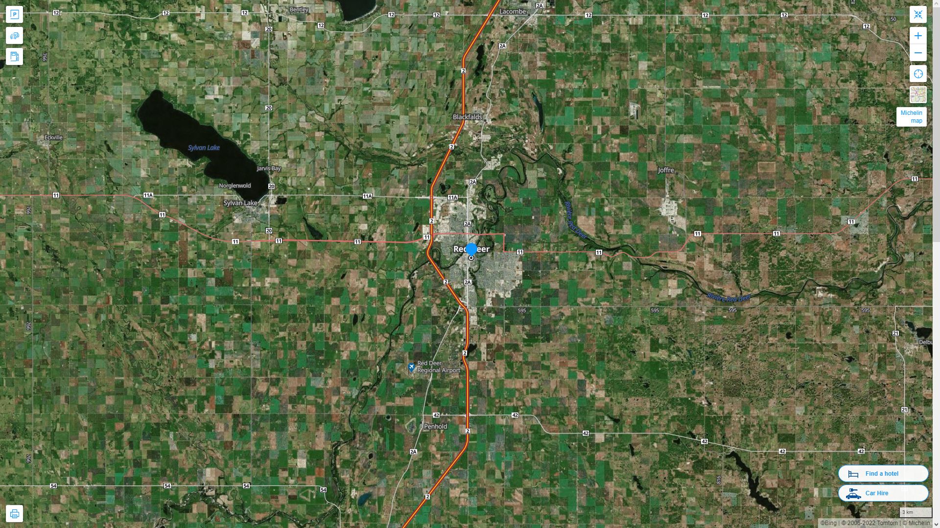 Red Deer Canada Autoroute et carte routiere avec vue satellite